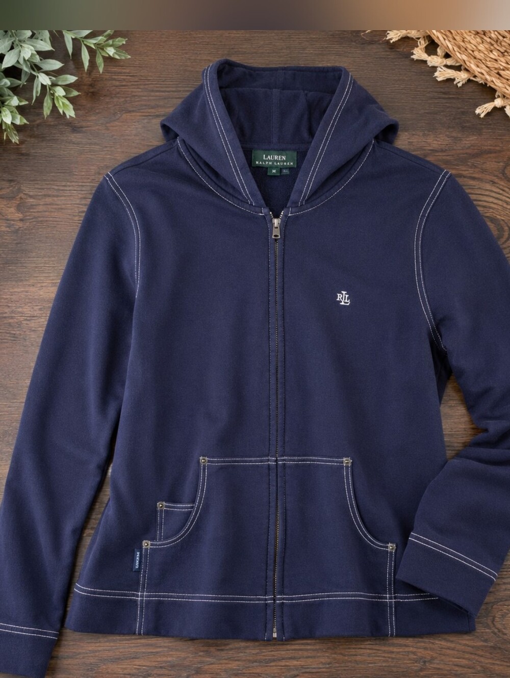 Lauren Ralph Lauren Women's Medium Navy Full Zip 100 % Cotton Hoodie Green Tag